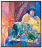 Abstract Portrait of a Woman at Table by Len Uline, Oil on Canvas, sold Mar 2025