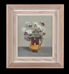 Still life of flowers in a brown jugOil on board Signed and dated 1966 lower right 18 x 15.5cm (7 x 6 in.) by Audrey Johnson, 1966, oil, sold Aug 2020