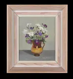 Still life of flowers in a brown jugOil on board Signed and dated 1966 lower right 18 x 15.5cm (7 x 6 in.) by Audrey Johnson, 1966, oil, sold Aug 2020