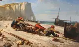 Fishermen hauling a boatOil on canvas Signed and dated 1856 lower right, inscribed to the stretcher verso 68 x 115cm (26¾ x 45¼ in.)Condition Report: Relined by Eugène Modeste Edmond Le Poitevin, 1856, oil, sold Jul 2020