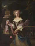 Portrait of a young girl standing on a park terrace by Eglon Hendrik van der Neer, 1681, oil, sold Jun 2020