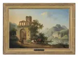 Italianate river landscape with peasants and animals by Pierre Joseph Petit, oil, sold Jun 2020