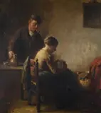 Interior scene with mother and child by Bernard de Hoog, oil, offered Jun 2020