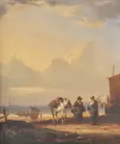Figures on the beach with boats beyond by William Shayer Senior, oil, sold Jun 2020
