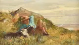 Boy resting beside a rock with his dog by Lionel Percy Smythe, oil, sold Jun 2020