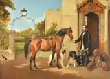 A gentleman in hunting dress with horse and dogs by Friedrich Wilhelm Keyl, 1854, oil, sold Jun 2020