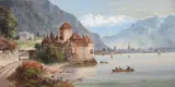 View of Chateau de Chillon by Felice Auguste Rezia, oil, sold Jun 2020