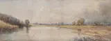River landscape with shepherd and sheep in the foregroundWatercolour Signed with initials lower right15 x 41.5cm (5¾ x 16¼ in.) by Edmund Morison Wimperis, watercolor, sold Jun 2020