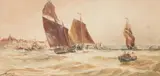 French fishing boats off the coastWatercolourSigned, indistinctly inscribed and dated 1890 lower left 27 x 59cm (10½ x 23 in.) by Thomas Bush Hardy, 1890, watercolor, sold Jun 2020