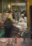 Figures in a tearoom Oil on canvas Signed with initials lower right; further signed, inscribed and dated 1951/2 verso 51 x 36cm (20 x 14 in.) by Leslie Cole, 1951, Oil on canvas, sold Mar 2020