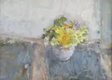 Spring Flowers on a Slate Windowsill Oil on canvas board Signed with initials lower left 19 x 26.5cm (7¼ x 10¼ in.) by Diana Armfield, Oil on canvas board, offered Mar 2020
