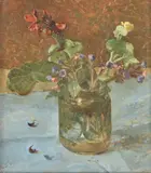 Red and purple flowers in a jar Oil on board Signed with initials and dated 93 lower left 20 x 19cm (7¾ x 7¼ in.) by Carolyn Sergeant, Oil on board, sold Mar 2020