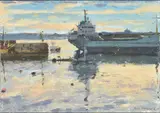 Estuary scene with tanker Oil on canvas board Signed lower right 16 x 22cm (6¼ x 8½ in.) by Ken Howard, Oil on canvas board, sold Mar 2020