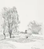 Riverscape Pencil Signed lower right 26 x 23.5cm (10 x 9¼ in.) by George Clausen, Pencil, offered Mar 2020