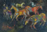 Horses Oil on board Signed lower left 39 x 59.5cm (15¼ x 23¼ in.) by Masood Kohari, Oil on board, sold Mar 2020