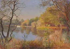 Boats on a lake Oil on canvas Signed and dated 1919 lower right 53 x 75cm (20¾ x 29½ in.) by Viggo Langer, 1919, Oil on canvas, offered Mar 2020
