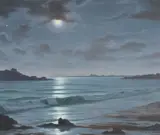 Moonlight over sea Oil on canvas Signed lower right 44 x 53cm (17¼ x 20¾ in.) by Roger de la Corbière, Oil on canvas, offered Mar 2020
