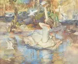 Young girl in a white dress by William Russell Flint, Watercolour heightened with white, sold Mar 2020