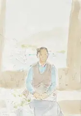 Seated girl with Kashmir landscape beyond Pencil and watercolour Signed and inscribed 'Kashmir' lower left 31 x 22cm (12 x 8½ in.) by John Ward, Pencil and watercolour, offered Mar 2020