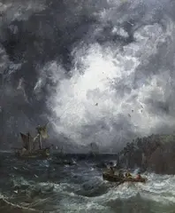 Stormy coastal landscape with rowing boat setting out to a distressed ship by Samuel Bough, oil on canvas, sold Nov 2021