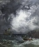 Stormy coastal landscape with rowing boat setting out to a distressed ship by Samuel Bough, oil on canvas, sold Nov 2021
