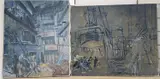 Harbour scene and Construction workers, 51 x 61cm and 55 x 46cm, both unframed by Henry James Neave, oil on canvas, sold Nov 2021