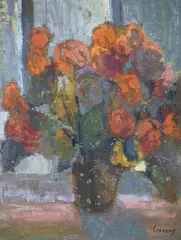 Still life of flowers in a vase by John Livesey, oil on board, sold Nov 2021