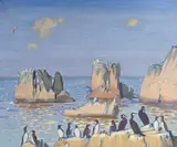 Rocks near Ballyrath with guillemots and cormorants, initialled and titled verso, 50 x 60cm by Keith Henderson, oil on canvas, sold Nov 2021