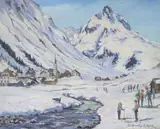 Alpine landscape with skiers by Deidre Henty-Creer, oil on board, sold Nov 2021