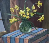 Still life of Narcissi in a glass vase, inscribed verso and dated 1928, 45 x 50cm by Piero Sansalvadore, 1928, oil on board, sold Nov 2021