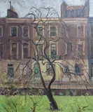 Willow tree and houses by Hal Woolf, oil on canvas, sold Nov 2021