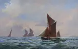 Sail barges at sea by Victor William Ellis, oil on canvas board, sold Nov 2021