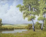 Birch trees in a summer landscape by Fritz Saliger, oil on canvas, sold Nov 2021