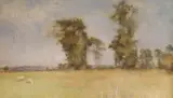 Sheep in a summer landscape, label verso, 28 x 49cm by Grace E. Sainsbury, oil on canvas, sold Nov 2021