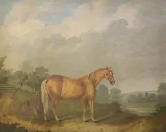 Portrait of a horse standing in a landscape by Capt. Johnson, 1822, oil on canvas, sold Nov 2021