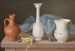 Still life of two jugs, a vase, coins, string, paper and a match box by Gerald Norden, oil on board, sold Nov 2021