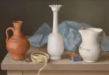 Still life of two jugs, a vase, coins, string, paper and a match box by Gerald Norden, oil on board, sold Nov 2021