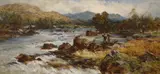 Anglers alongside a fast flowing stream by William E. ..., oil on canvas, sold Nov 2021