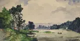 River landscape by E. Dusillion, 1859, watercolour, sold Nov 2021