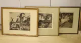 Spanish Bridge, Tour de Faure, and Bridge viewed from beside a tree, all signed in pencil, 30 x 35cm, 25 x 35cm and 27 x 37cm by Frank Brangwyn, pencil, sold Nov 2021