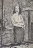 Interior with standing woman, 3/20, 41 x 28cm by Clifford Eric Martin Hall, etching, offered Nov 2021