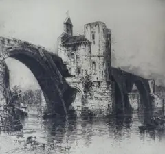 Castellated bridge by Hedley Fitton, etching, sold Nov 2021
