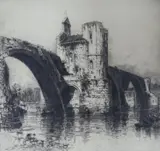 Castellated bridge by Hedley Fitton, etching, sold Nov 2021