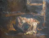 Interior with baby in a cradle by H Shaw, 1835, oil on canvas, sold Nov 2021