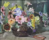 Still life of flowers in a vase by Colin Cairness Clinton Campbell, oil on board, sold Nov 2021