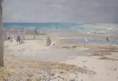 Beach Scene, inscribed verso, 24 x 34cm by Kate Elizabeth Olver, oil on board, sold Nov 2021