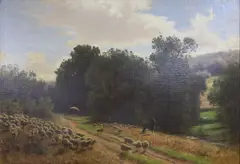 River scene with shepherd and flock, a lady under a parasol in the distance by Albert Arnz, oil on canvas, sold Nov 2021