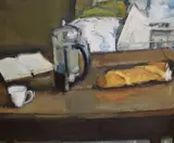 Coffee Pot and Newspapers by Nicholas Volley, oil on canvas, sold Nov 2021