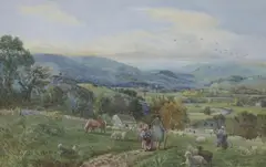 Shepherd and flock on the downs by John Mole, watercolour, sold Nov 2021