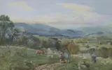Shepherd and flock on the downs by John Mole, watercolour, sold Nov 2021